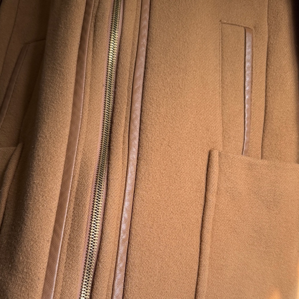 Trina Turk Tan Wool Coat with Coyote Fur Hood - Picture 3 of 16